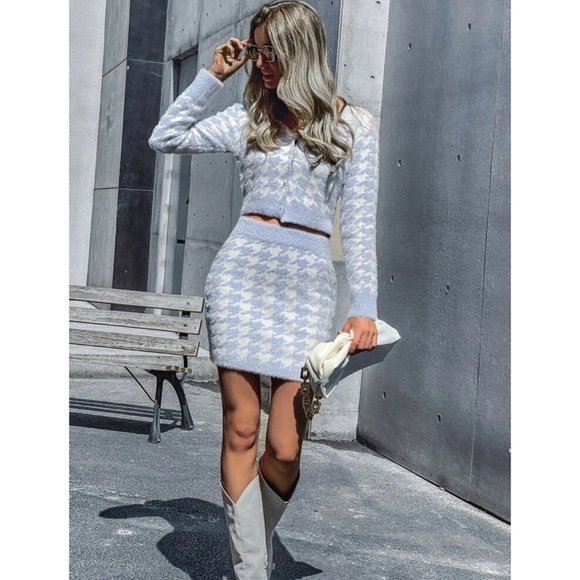 Skirts | Houndstooth Knit Cardigan Skirt Set | Poshmark